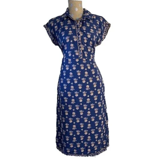 Lucky Brand Floral Midi Dress Button Collar Medium Minimalist Peasant Rayon Tie - Picture 1 of 12